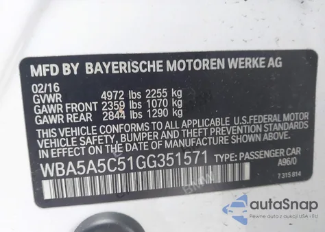 2016 BMW 528I из США, поврежденный, VIN WBA5A5C51GG351571